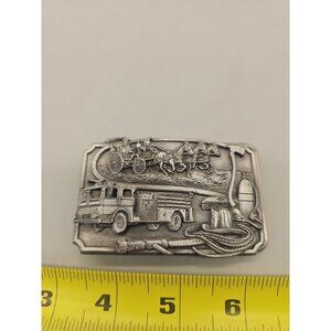 Fireman Belt Buckle 1985 Siskiyou Buckle Co. 3D Pewter Carriage Horse Fire truck